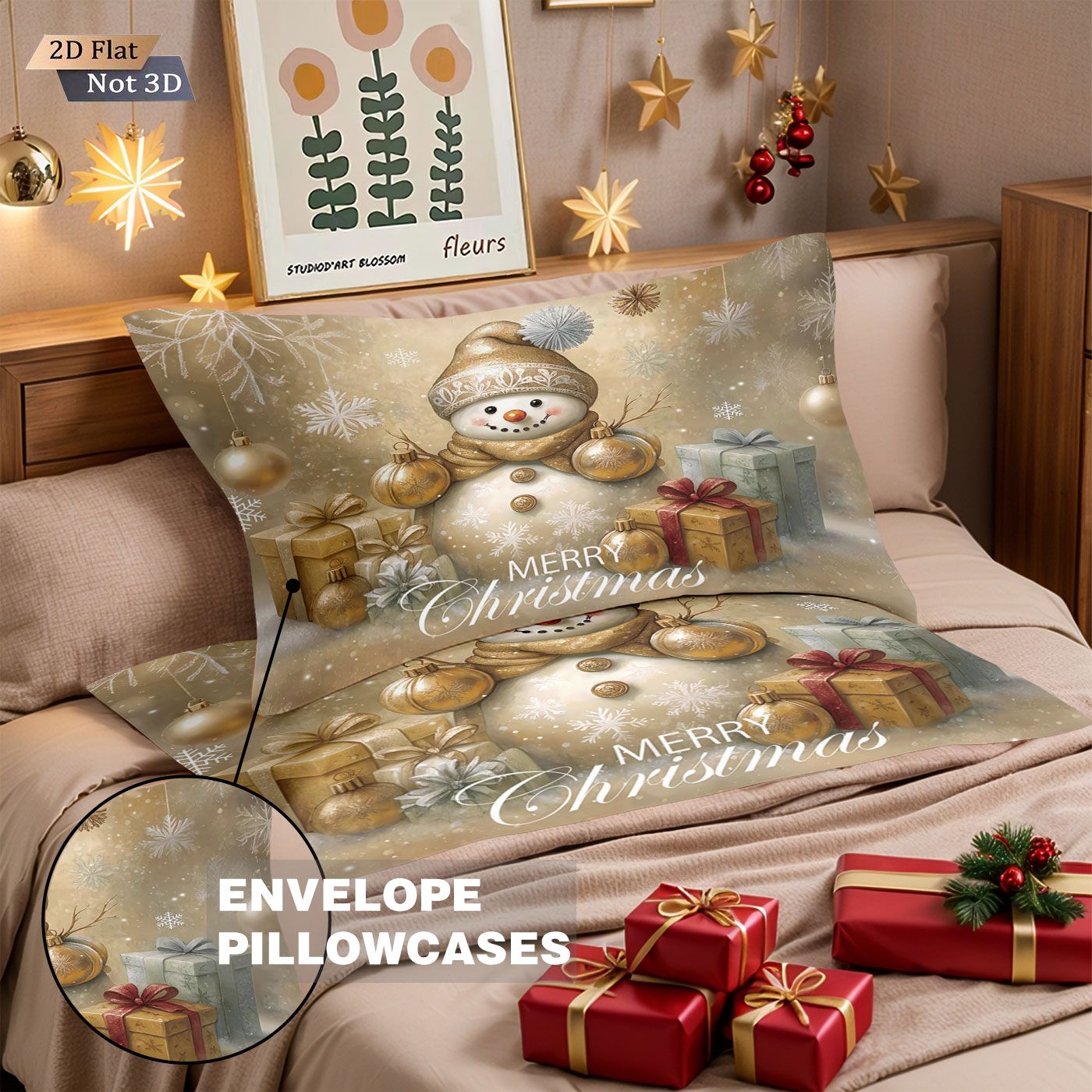 3pcs Golden Christmas Snowman Printed Chipless Bedding Set Soft Dormitory Bedroom Multiple Sizes Machine Washable