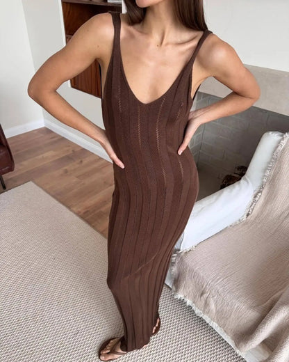 Trendix Knit Backless Dress For Women V Neck Slim Sleeveless Suspender Maxi Dres