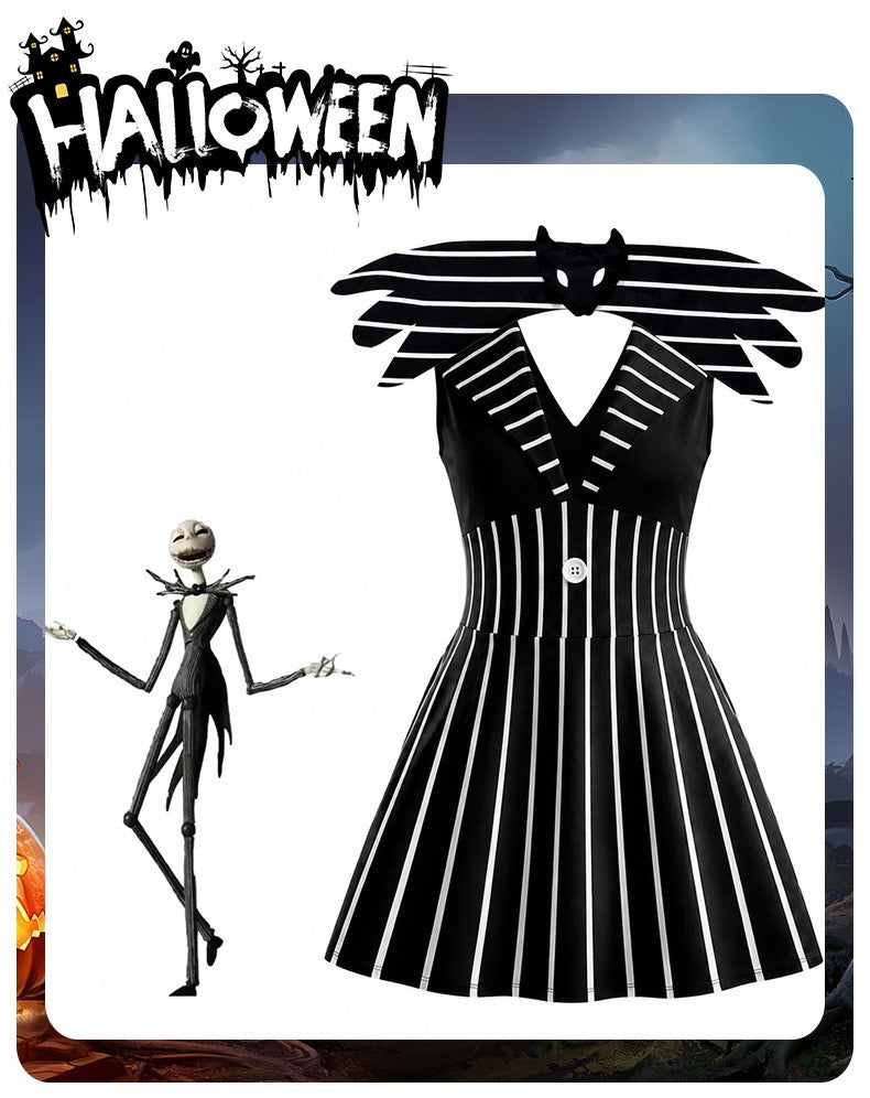 Anime Jack Skelington Black White Striped Cosplay Costume Men Retro Tailcoat Woman Dress Christmas Night Halloween Party Outfit