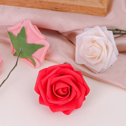 5-100pcs Fake Rose Flower Green Leaves for Valentine's Day Wedding Birthday Party Artificial Roses Heads with Stems Supplies