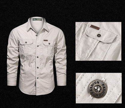 Spring Autumn Fashion Men's 100% Cotton Long-Sleeved Solid Color Premium Casual Shirt Multi Pockets 6XL Large Size Cargo Jackets