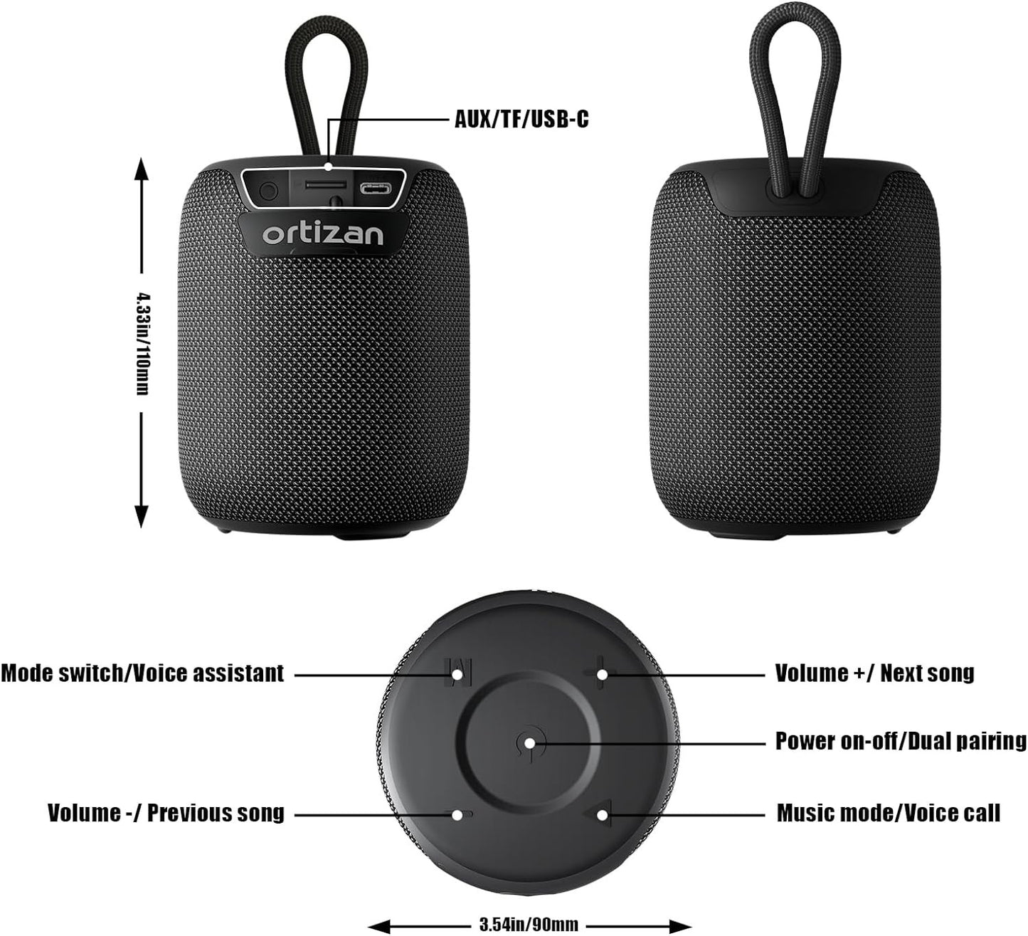 Caixas de Som Bluetooth Ortizan, Speaker Portátil Sem Fio com Bluetooth 5.3, IPX7 à Prova D'água, Som Estéreo de 15W, Pareamento Duplo, TF/AUX