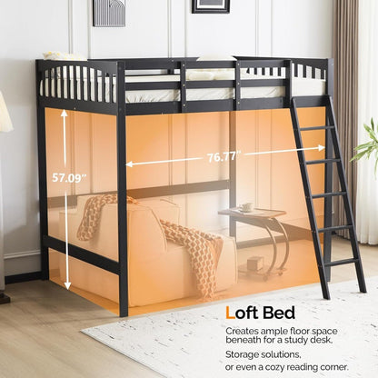 Loft Bed Full Size with USB Charging Station/LED, Solid Wood Double Loft Bunk Bed with Flat Rungs for Kids/Teens/Adults, 15 inc