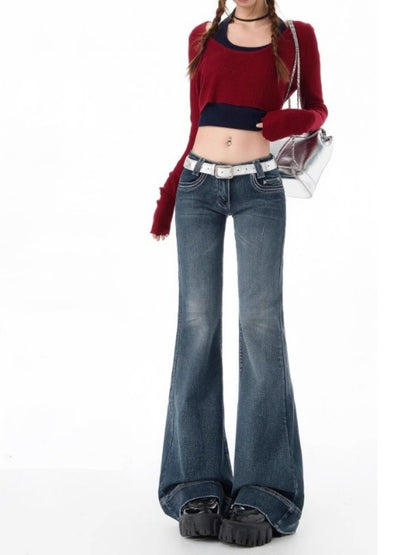 Vintage American-style hot girl low-waisted flare pants micro-flare jeans women's slim-fitting elastic Y2K casual wide-leg jeans