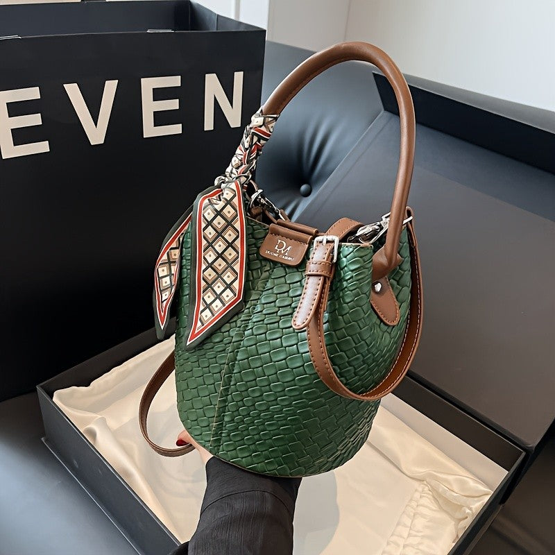 Women's Woven Bucket Bag.Deep Brown/Beige/Green/Black.Detachable Strap,Durable & Easy Clean.For Travel & Formal Events.Shop Now!