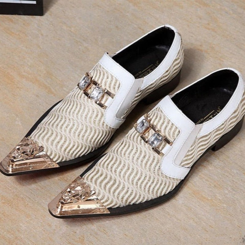 2024 Western Fashion Pointed Metal Toe Dress Shoes Blue Grey Party Wedding Leather Shoes for Men