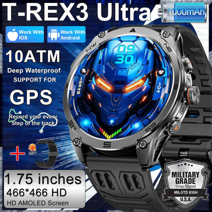 Novo Smartwatch Militar 2026 Bateria de 1000mAh Rastreamento GPS Bússola 10ATM À Prova D'água Tática Esportivo Lanterna Chamada HD Smartwatch Masculino
