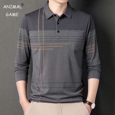 New Men's Polo Shirt Long-sleeved Polos Shirt Lapel Fashion Spring and Autumn Thin Shirt Casual Loose Tops Striped Streetwear