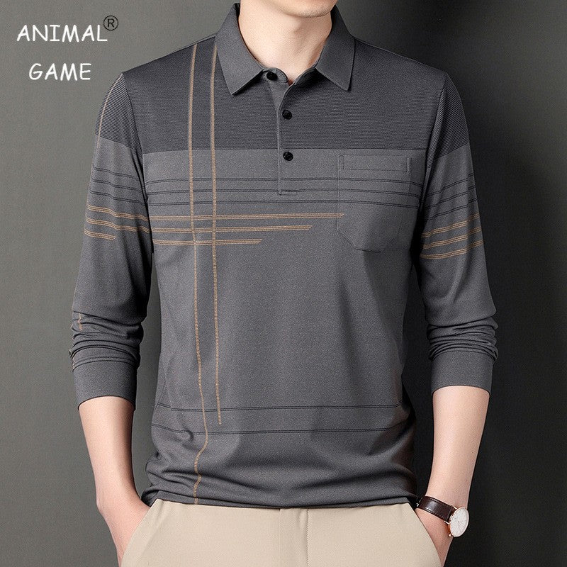 New Men's Polo Shirt Long-sleeved Polos Shirt Lapel Fashion Spring and Autumn Thin Shirt Casual Loose Tops Striped Streetwear