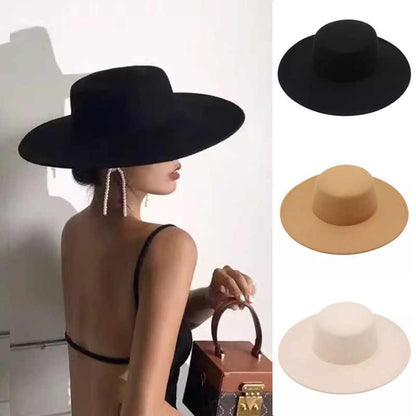 2025   Flatcap New French Elegant Flat-top Cap Dame Hat Retro Wide Brim Felt Hat Women