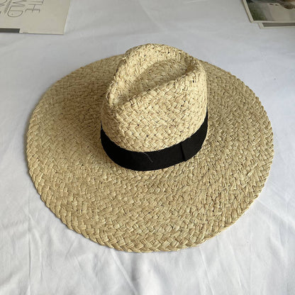 Chapéu de palha Raffite com aba grande para Jazz, chapéu de praia retrô inglês versátil para mulheres com proteção solar, estilo Hepburn, chapéu de senhora francesa