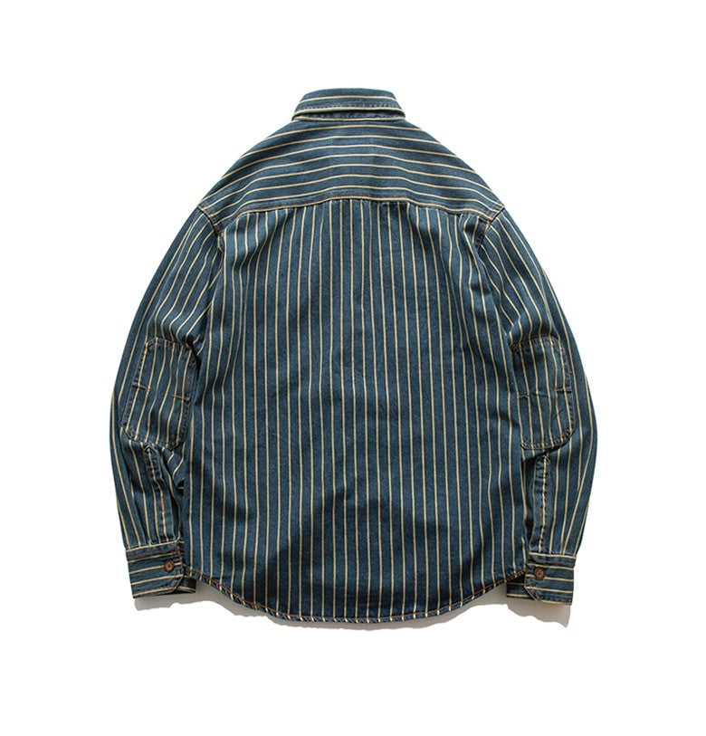 American Retro Workwear Long Sve Denim irt Loose Casual Striped ket irt Youth Trend Autumn Wear Iron Free
