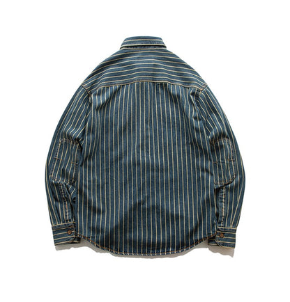 American Retro Workwear Long Sve Denim irt Loose Casual Striped ket irt Youth Trend Autumn Wear Iron Free