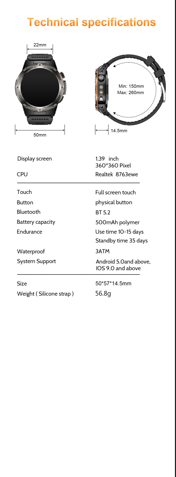 2026 Popular Outdoors GPS Sports Smart Watch Masculino Tela AMOLED Bússola à Prova D'água 500mAh NFC Chamada HD Smart Watch Para Homens T-REX 3