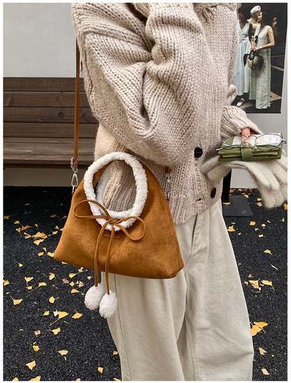 Faux Suede Solid Color Bow Hairy Cute Women's Handbags Christmas Gift Giving Fashion Bags 2025 Autumn/winter New Shoulder Bags