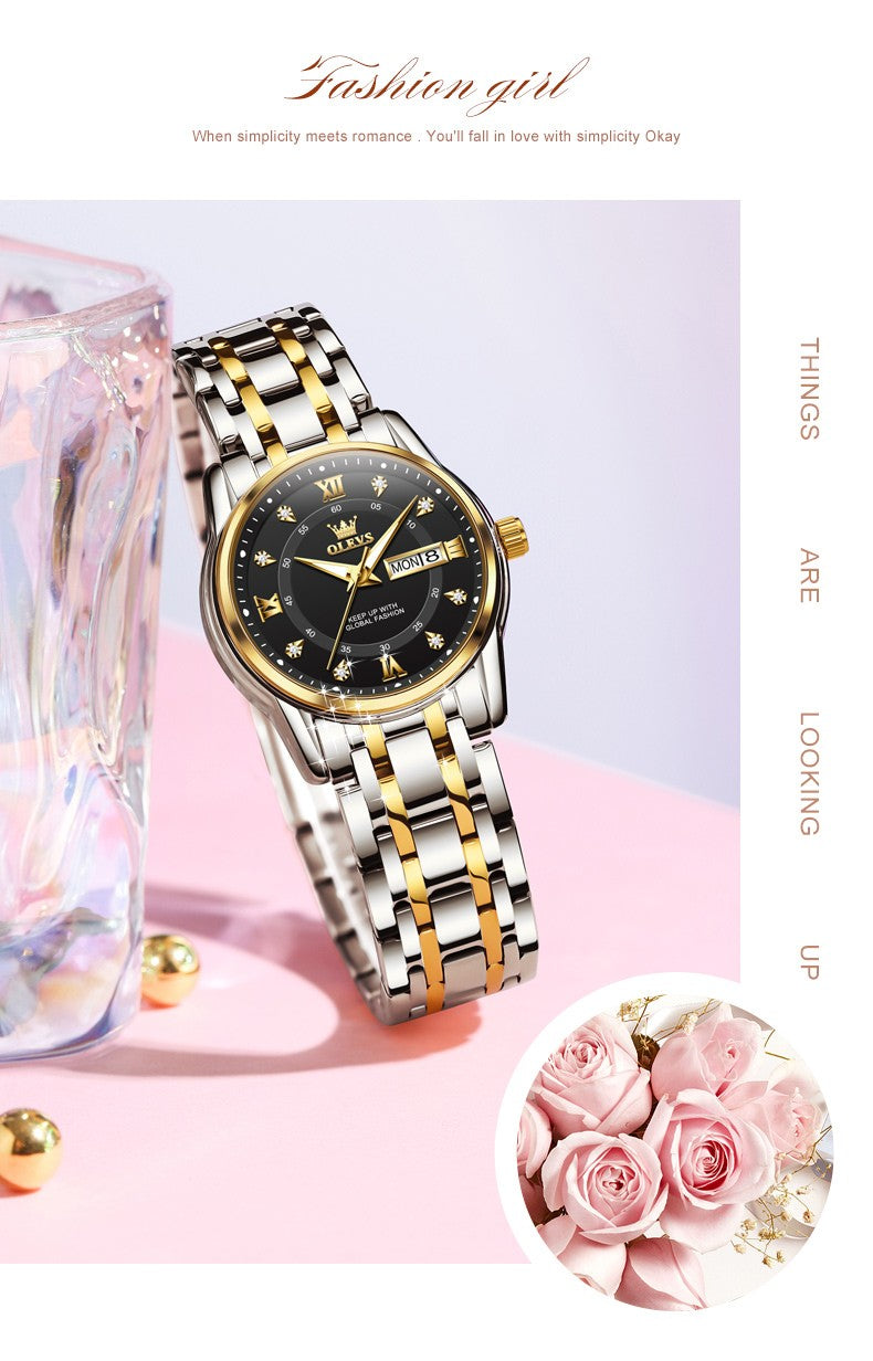 OLEVS 5513 Fashion Ladies' Watches Elegant Stainless Steel Waterproof Quartz Watch for Women Weekly Calendar Luminous Wristwatch