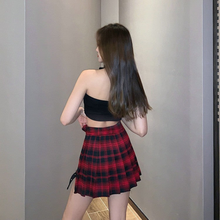 Pleated Girls Gothic Half Skirts Summer Harajuku Punk Style Plaid Irregular Skirts Women Asymmetrical High Waist Black Skirts