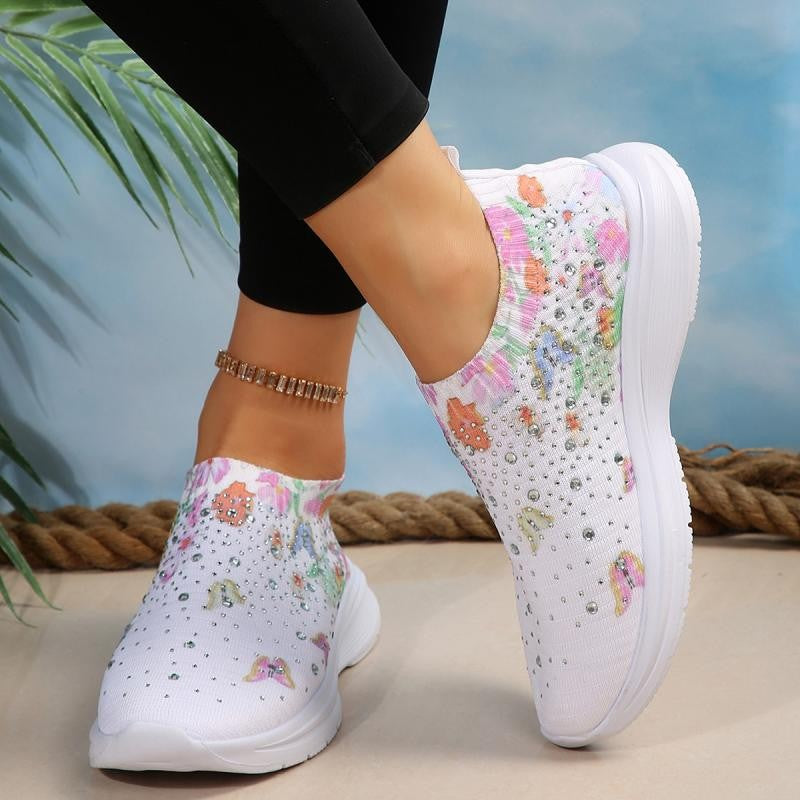 Floral Crystal Decor Slip On Sneakers Women Plus Size 35-43 Breathable Mesh Sports Shoes Woman Comfortable Soft Sole Flats Shoes
