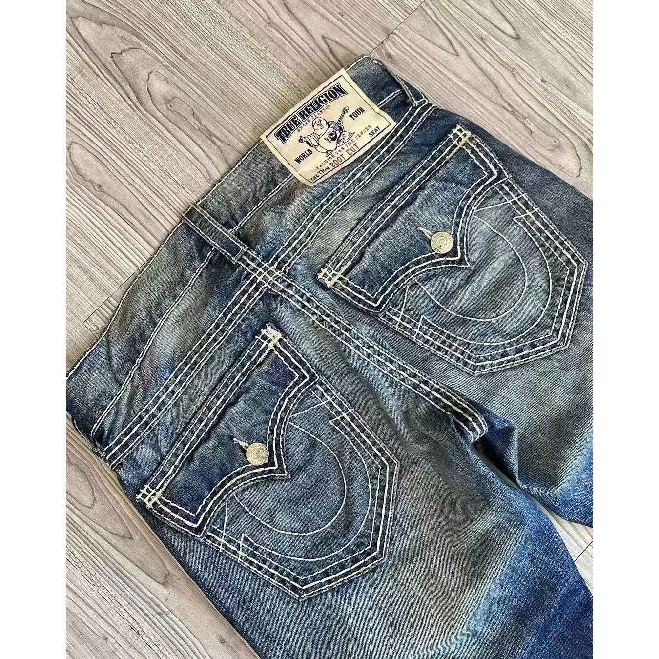 Buddha Jeans Vintage Y2K Men's Jeans Women's Pocket Embroidered Jeans Patch Leather Vintage Blue Jeans Loose Fit Jeans pants