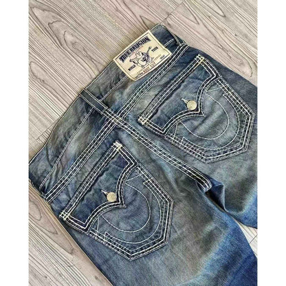 Buddha Jeans Vintage Y2K Men's Jeans Women's Pocket Embroidered Jeans Patch Leather Vintage Blue Jeans Loose Fit Jeans pants