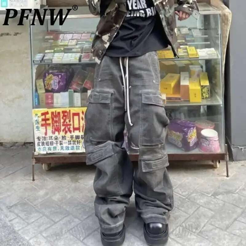 PFNW High Street Drawstring Zipper Sliced Wide Leg Cargo Pants Msn's Casual Loose Straight Trousers Loose Denim Pants 28W5963