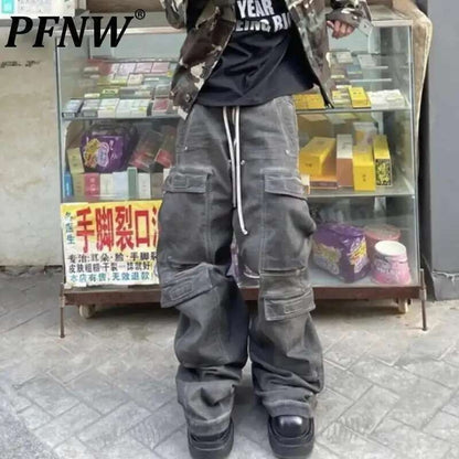 PFNW High Street Drawstring Zipper Sliced Wide Leg Cargo Pants Msn's Casual Loose Straight Trousers Loose Denim Pants 28W5963