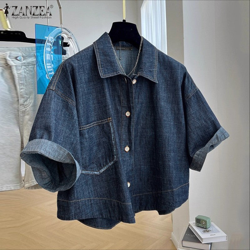 ZANZEA Denim Cardigan Shirts Women Elegant Office Blusas Casual Lapel Neck Outwears 2025 Half Sleeve Solid Color Fashion Tunic