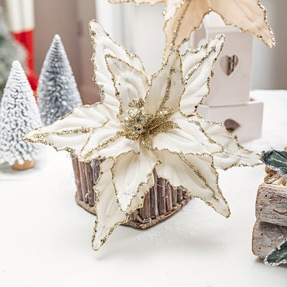 1/4pcs Christmas Holiday Decorative Flowers Artificial Flowers,Shiny Sequin Velvet Christmas Flowers 25.91cm,  home decor
