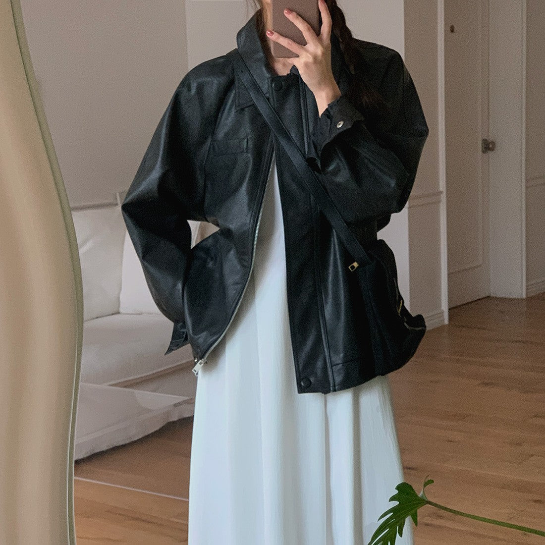 Sli Loose PU Leather Jaet Women's Chic Retro Collar Versatile BF Sle Motorcycle Clothes Trendy Long Sve Zipper