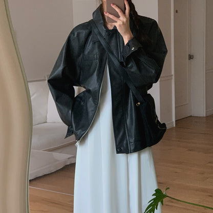 Sli Loose PU Leather Jaet Women's Chic Retro Collar Versatile BF Sle Motorcycle Clothes Trendy Long Sve Zipper