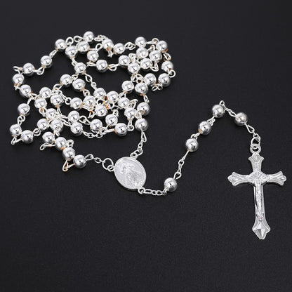 Colar Terço Cor Prata Para Mulheres Homens Miçangas De Metal De 6MM Corrente Longa Pingente Cruz Crucifixo Joia Religiosa Para Festa Presente