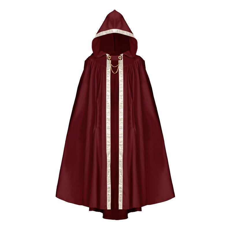 Elegant Medieval Hooded Floor Length CloakTrim Cape Chain Brooch for Adult Wedding Photoshoot Halloween Gothic Cosplay Costume