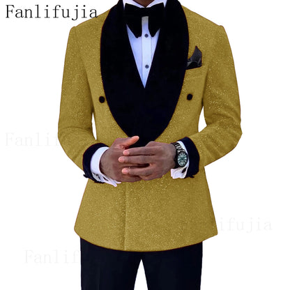 Fanlifujia Luxury Red Glitter Suits Men Groom Wedding Tuxedo Double Breasted Blazer Formal Evening Party Prom Dress 2 Pieces Set