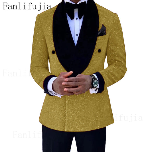 Fanlifujia Luxury Red Glitter Suits Men Groom Wedding Tuxedo Double Breasted Blazer Formal Evening Party Prom Dress 2 Pieces Set