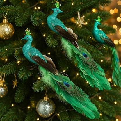 Long Tail Christmas Peacock Ornaments Realistic Glimmering Feather Peacock Bird Figurine Handmade with Clip Christmas Tree Decor