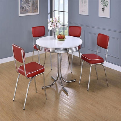 Retro Round Dining Table with Chrome Legs Glossy White Finish Indoor Seating 4 Mid-Century Style Easy Assembly