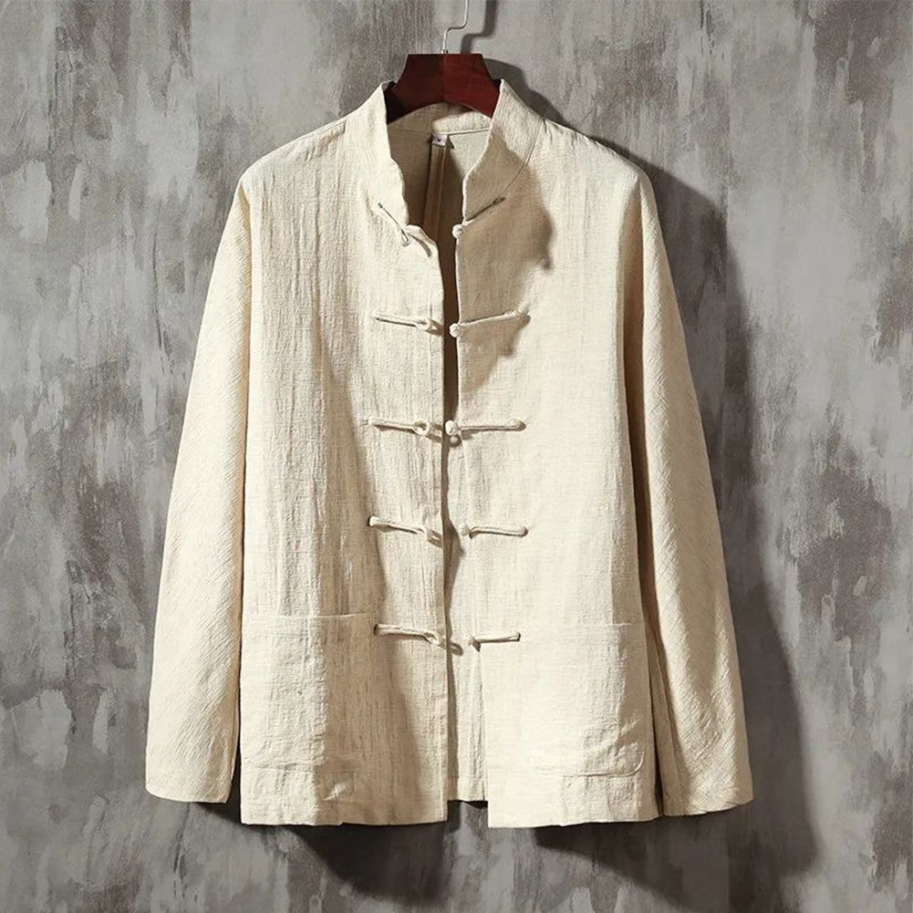 Casual Men's Chinese Style Linen Shirts Stand Collar Traditional Kung Fu Tai Chi Shirt Coat Tang Suit Uniform Jacket Men Clothes
