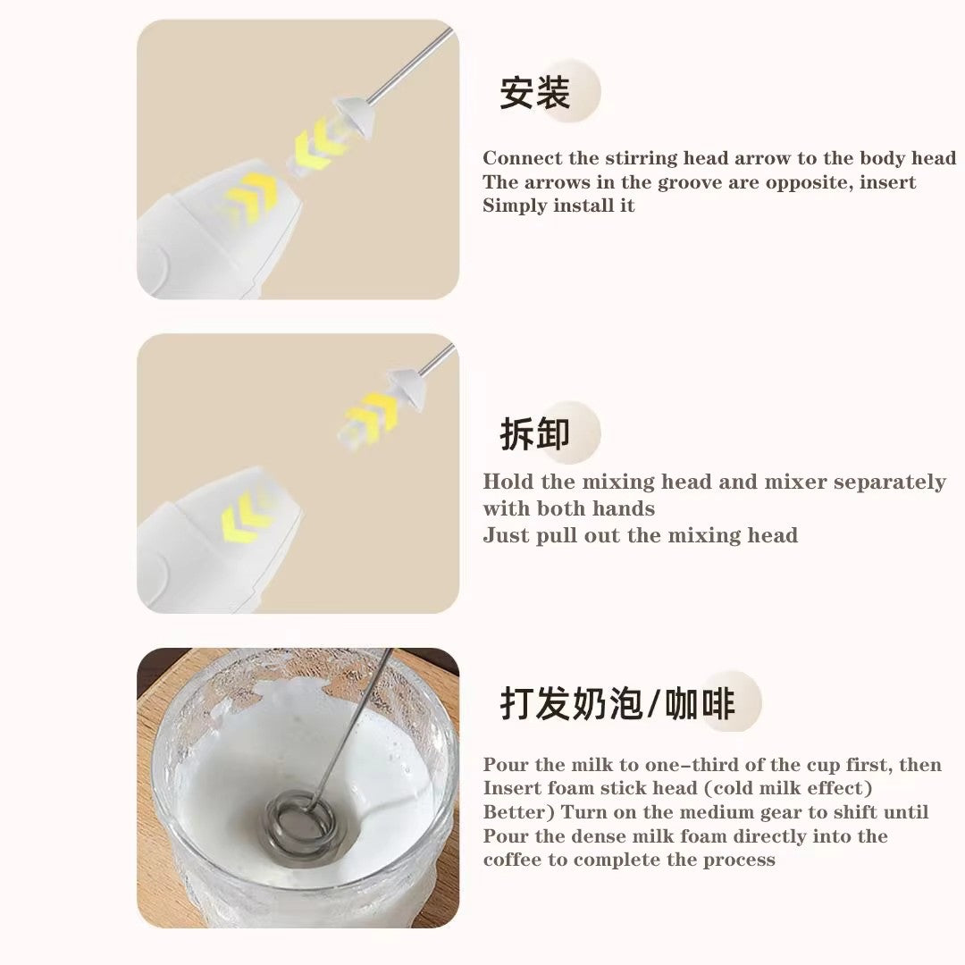Electric milk frother, handheld egg beater, 3-speed portable dessert beverage coffee machine, mini home kitchen mixer
