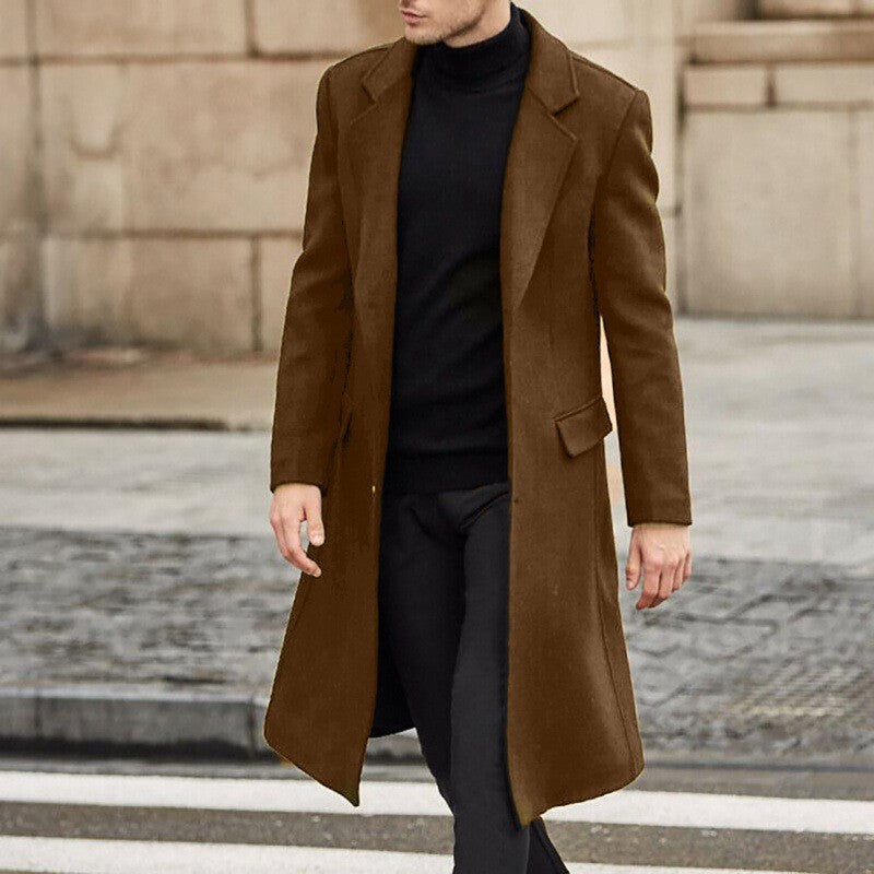 Solid Overcoat Single Breasted Men Wool Jacket Blends Long Sleeve Turn Down Collar Cardigan Coats Pockets Casual Outerwear