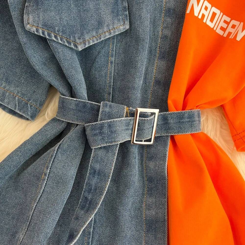 XFPV Women's Sweet high Waist Wrap Belt Round Neck patchwork Denim Shirt  Chic Top Y2k Korean Fashion Spring Summer 2025 SM11327