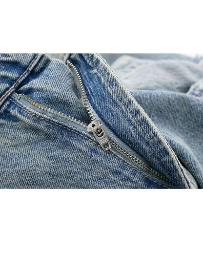 HH 2024 Women's Street Fashion Denim Blue Jeans Distressed Patchwork High Waist Zipper Fly Ripped Retro Long Pants