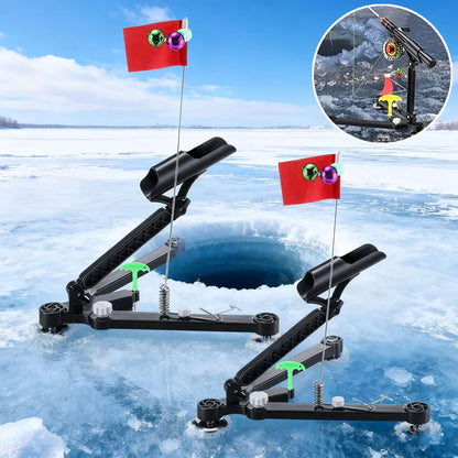 Suporte Dobrável para Vara de Pesca no Gelo com Sino e Bandeira - Suporte Ajustável Compatível com Perfurador de Gelo, Acessórios Portáteis para Pesca de Inverno