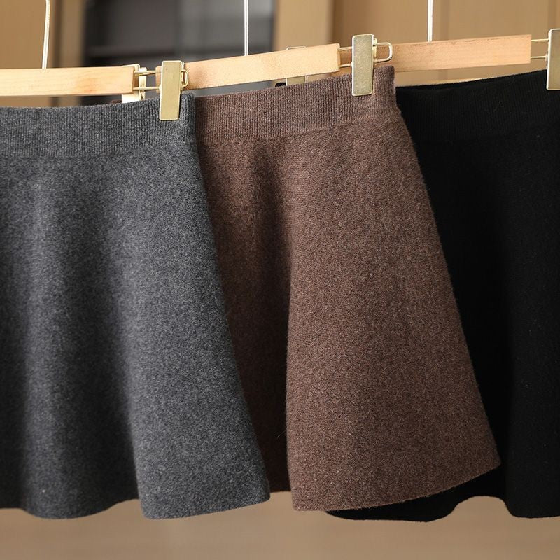 Women’s Wool Skirt Autumn Winter Elastic Waist Mini A-Line Cashmere Skirt Wool Knitted Above Knee Preppy Style Warm Short Skirts