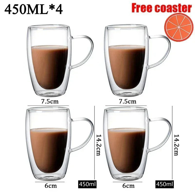 Caneca transparente de parede dupla 2-6 peças Copo de café e leite de vidro borossilicato alto resistente ao calor para casa e escritório