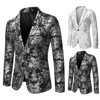 Men's Slim Fit Print Blazer Jacket 2025 Fashion Handsome Business Casual Silver Stage Show Suit Small Menswear