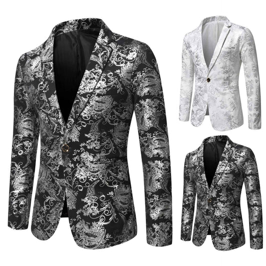 Men's Slim Fit Print Blazer Jacket 2025 Fashion Handsome Business Casual Silver Stage Show Suit Small Menswear