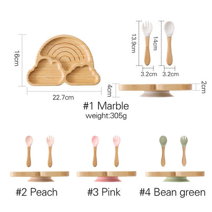 Baby Wooden Tableware Set Could Bamboo Wooden Plate Bowl Silicone Suction Wooden Handle Fork Spoon for Children Feeding Supplies