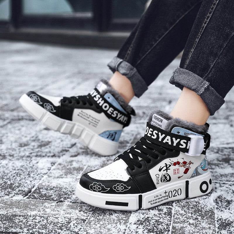 Mens Board Shoes 2025 Winter New High Top Winter Warm Casual Sports Shoes Flat Cotton Comfortable Outdoor Walking Shoes for Men