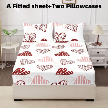 3pcs Love Print ultra-fine fiber Fitted Bed Sheet Pillowcase Set Skin Friendly Breathable Queen size bed sheet Mattress Cover