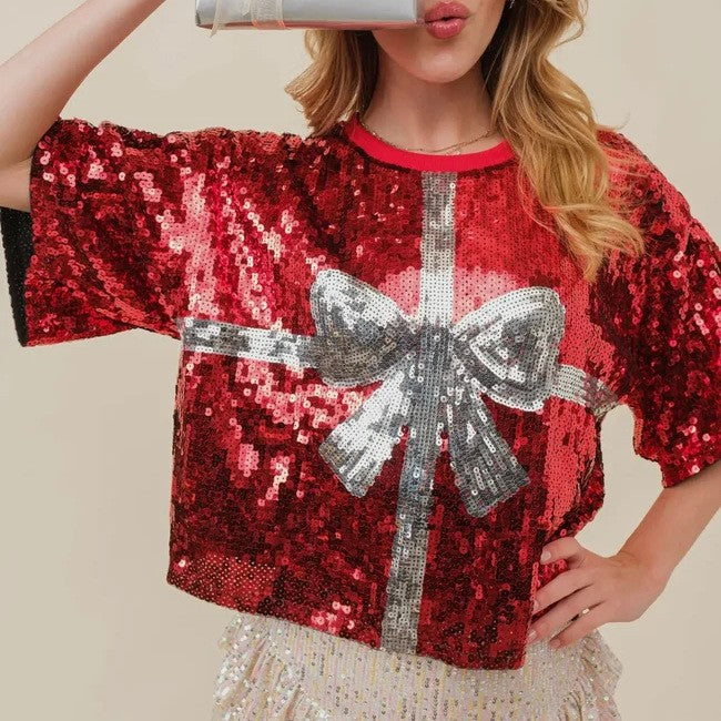 CHIC European American Festival Xmas Tree Bow Women Sequined T-shirt Short Top Casual Jersey Girls Short Sleeves Tee Christmas